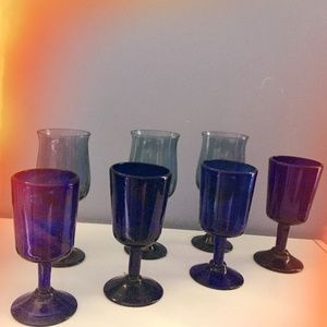 8 Mix Matched Dusty and Cobalt Blue Wine Glasses